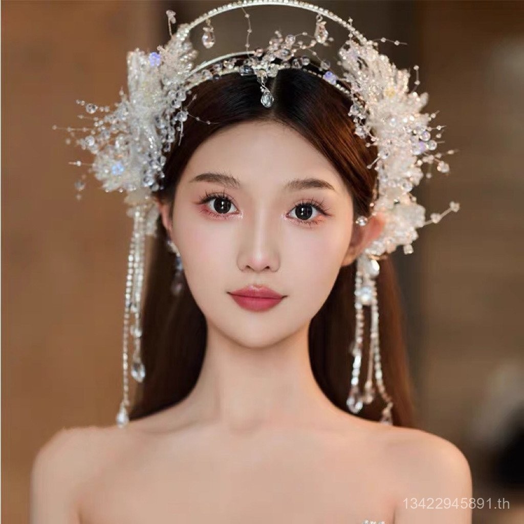 ผ้าโพกศีรษะสำหรับงานแต่งงานใหม่มงกุฎเจ้าหญิงราชินีขั้นสูงแวววาวคริสตัลนางฟ้าเอลฟ์เจ้าสาวมงกุฎคริสตัลพู่เครื่องประดับศีรษะงานแต่งงานสุดหรู