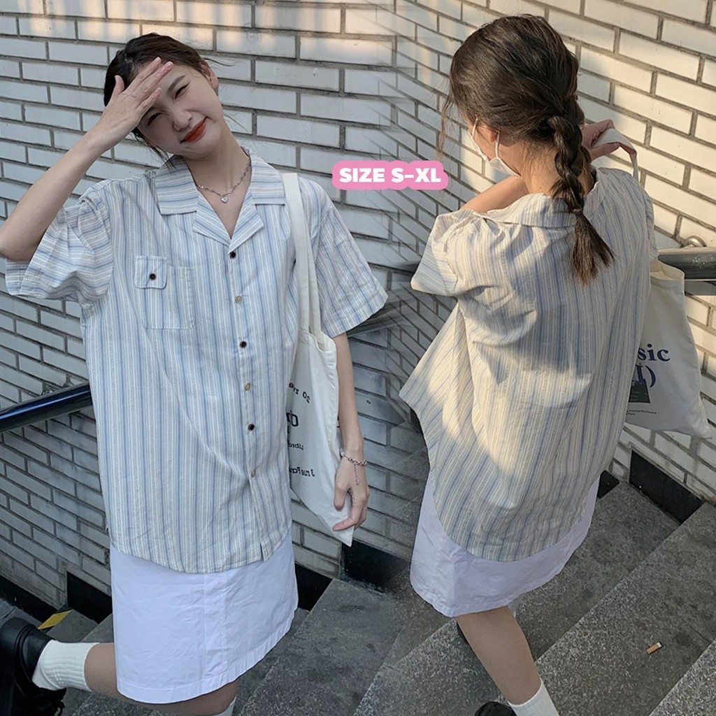 mimi&didi#เสื้อเชิ้ต ลายคอคิวบาสำหรับผู้หญิง แขนสั้น เสื้อเชิ้ตหวานฤดูร้อน คอสูท แฟชั่น กระเป๋าเสื้อหน้าอกน่ารัก#W437
