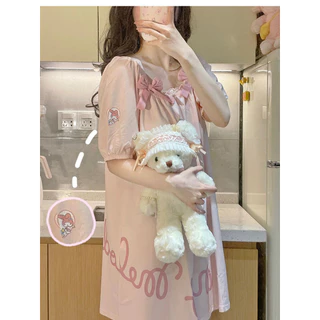 น่ารัก Melody ชุดนอนแขนสั้นผู้หญิง Influencer ฤดูร้อน Sweet Nightdress Casual บางสบาย Homewear