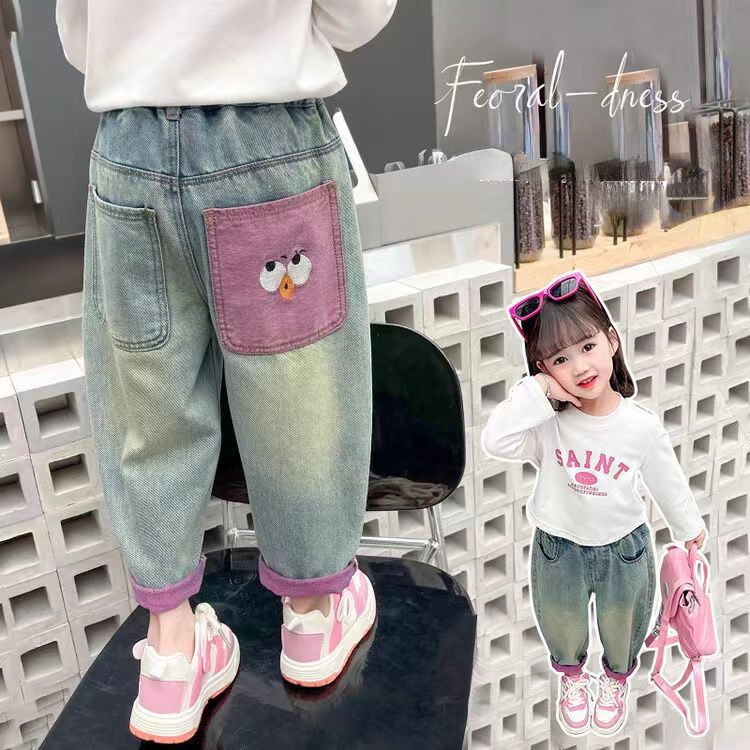 【YAOEENH】100-160 ซม.กางเกงยีนส์เด็กผู้หญิงกลางเด็กใหญ่สไตล์ตะวันตกหลวมตรงเรียบง่ายทุกการแข่งขัน Duzui กางเกงแครอทด้านล่างสีสันสดใสพร้อม