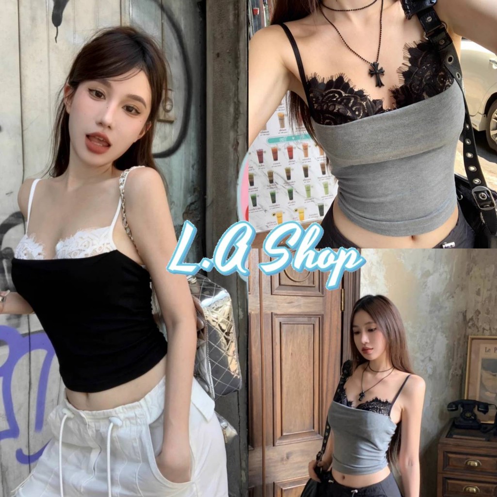 L.A Shop​-​พร้อมส่ง เสื้อสายเดี่ยวไหมพรม มีฟองน้ำ แต่งลูกไม้ มินิมอลสีทรูโทน "11576"