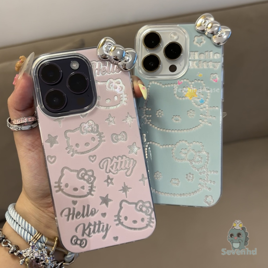 Luxury Ultra Featherการ์ตูนKittyเคสโทรศัพท์Silver BowสําหรับiPhone 11 16 15 14 13 12 Pro XR X Xs Max 7 8 Plus SE 2020 ขั้นสูงเกาหลีกันกระแทกปกหลัง