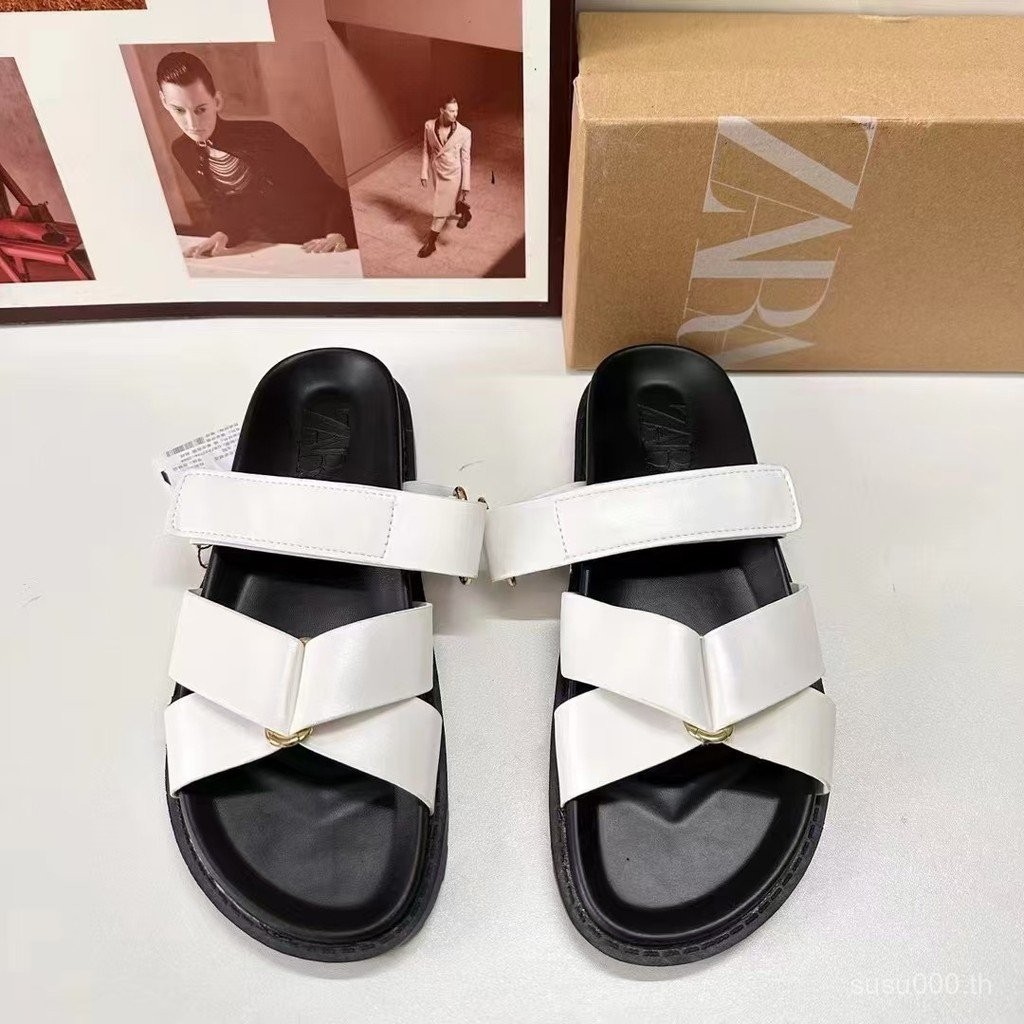 Za2024รองเท้าผู้หญิงฤดูร้อนสีขาวแฟชั่นย้อนยุคสวมใส่ด้านนอกส้นแบนลำลองข้ามสายเดียวรองเท้าผู้หญิงส้นแบนชายหาด