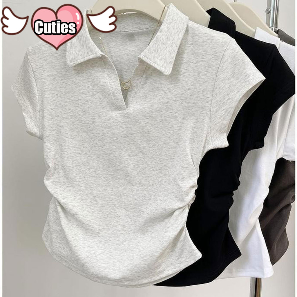 Cuties 2651 เสื้อยืดทรงโปโล แขนสั้น เสื้อยืดแขนสั้นลําลอง สีพื้น ทรงหลวม แฟชั่นฤดูร้อน เข้ากับทุกการแต่งกาย