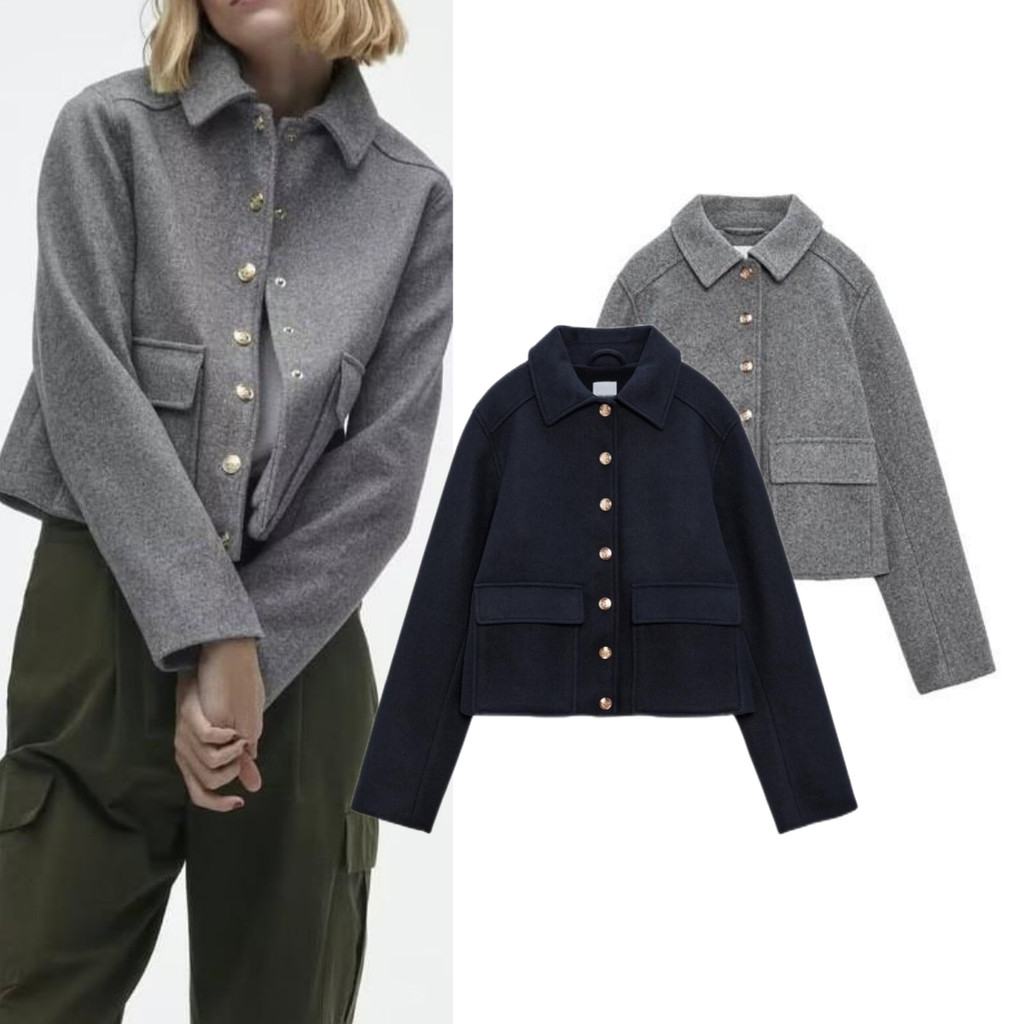 Zara 2024 ฤดูใบไม้ผลิใหม่สไตล์Lapelกระเป๋าขนาดใหญ่ลําลองตรงGold Breasted Soft Jacket Coat 3046034