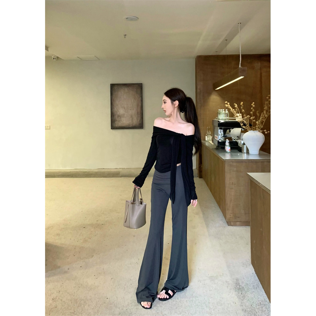 Liasynn แฟชั่นอารมณ์แฟชั่น Retro One-Shoulder Top + เอวสูง All-Match กางเกงชุดแยก ~