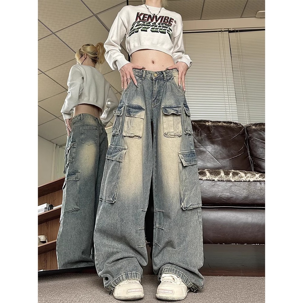 American Retro High Street Wide-Leg Workwear Jeans Women's Autumn New Low Waist Design Sense Loose-Fitting Slimming Pants Fashion