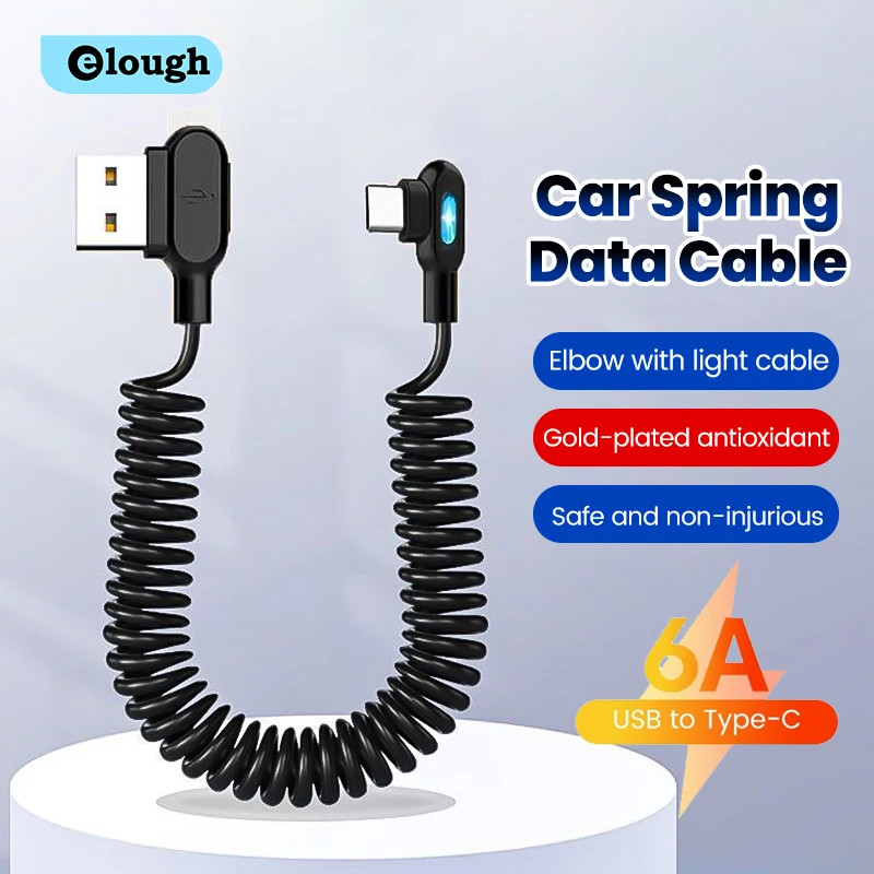 Elough 6A สายเคเบิลข้อมูลฤดูใบไม้ผลิรถข้อศอกแบบพับเก็บได้ USB Type C สายชาร์จเร็วสําหรับโทรศัพท์มือถือสั้นสาย USB-C