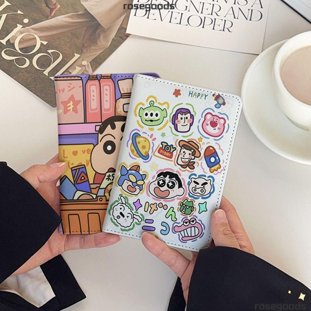 Rose Crayon Passport Cover, Cartoon PU Print Protective, Portable ID Card Holder Storage ID Bag Passport Holder