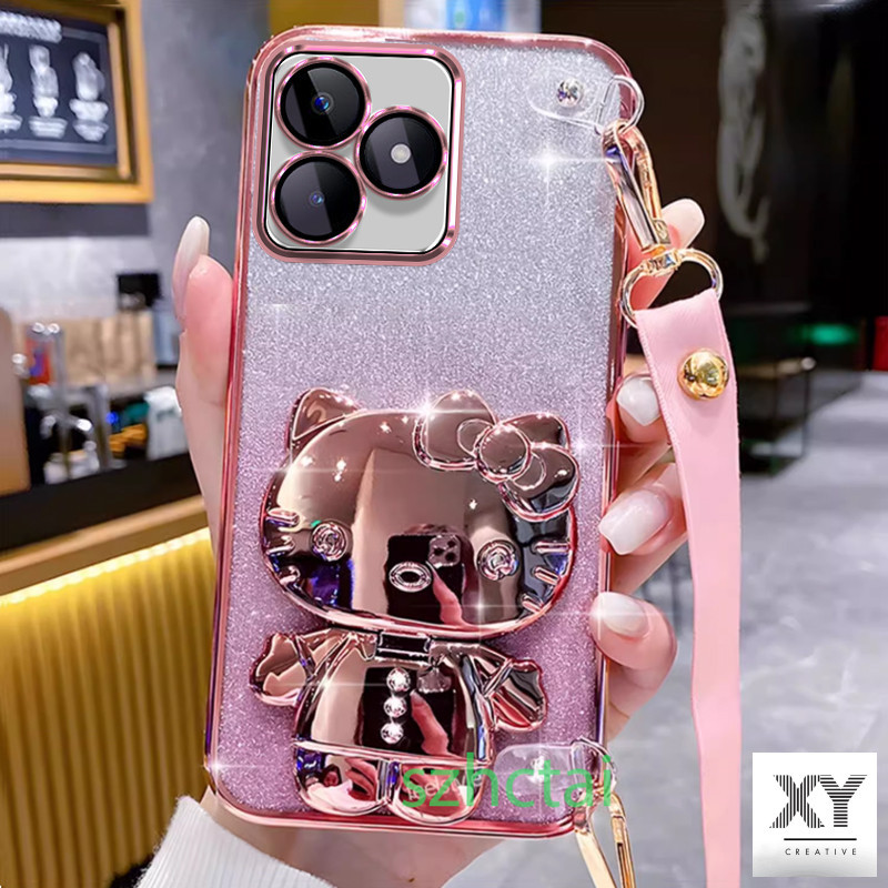 เคส แวววาว Realme C67 C61 C63 Note 50 12 C65 C55 C53 C51 C12 C15 C25 C25S C21Y C25Y C30 C30S C35 C11 2021 8 5 5i 5S 6i 7i C17 9 PRO PLUS 10 11 12 PRO+ 4G 5G สายรัดข้อมือยาวสไตล์เคสโทรศัพท์แบบนุ่มปลอกปลอกคิตตี้ตัวยึดแมวพร้อมกระจก