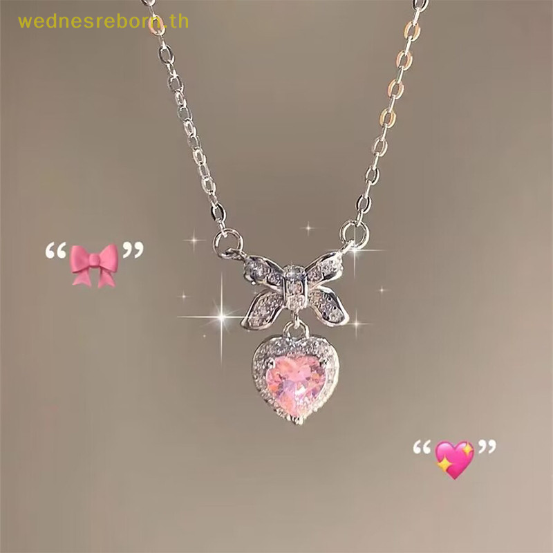 # Wednesreborn.th # คริสตัลเพทาย Bowknot Heart จี้สร้อยคอหัวใจสีชมพูสุภาพสตรีสาวแฟชั่นหรูหรา Clavicle Chain สําหรับผู้หญิงเครื่องประดับ