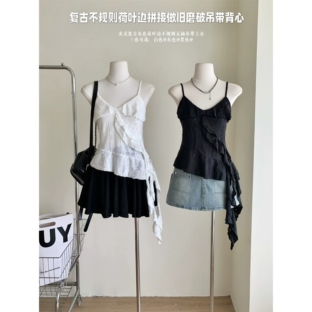 เสื้อมีเอกลักษณ์ดีไซน์ขาดๆลายๆสายเดี่ยวสำหรับผู้หญิงเสื้อสายเดี่ยวเก๋ๆหน้าร้อนย้อนยุคเก่าเย็บครุยสินค้าใหม่ LDVS