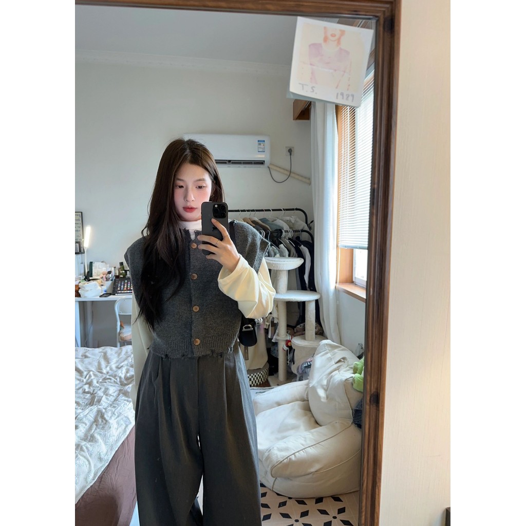 เสื้อใส่เกลือสไตล์เกาหลีหวานและเย็นเสื้อสเวตเตอร์ถักอารมณ์หลวมเสื้อสเวตเตอร์ถักเสื้อกล้ามแขนกุดหญิงม้าเข็มฉีดมิงค์ sj5j