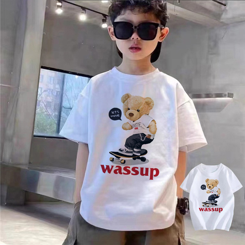 (จัดส่งตลอด 24 ชั่วโมง)Kids T shop เสื้อยืดเด็กคอกลม แขนสั้น คอกลม เสื้อยืดเด็กพิมพ์ลายหมี ผ้าคอตตอน 100% [90-150cm]