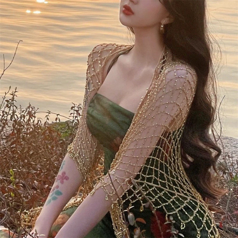 ผ้าคลุมไหล่ประดับลูกไม้โครเชต์กลวงสีทองเสื้อคลุมชุดฮั่นฟู่ชุดกี่เพ้าใส่ด้านนอกย้อนยุคสง่างามเฉพาะกลุ่มคลาสสิก