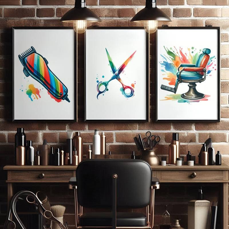 Colorful ตัดผม Wall Art ชุด 3 ร้านตัดผมโปสเตอร์ตัดผมตกแต่ง Hairstylist Salon ของขวัญภาพ