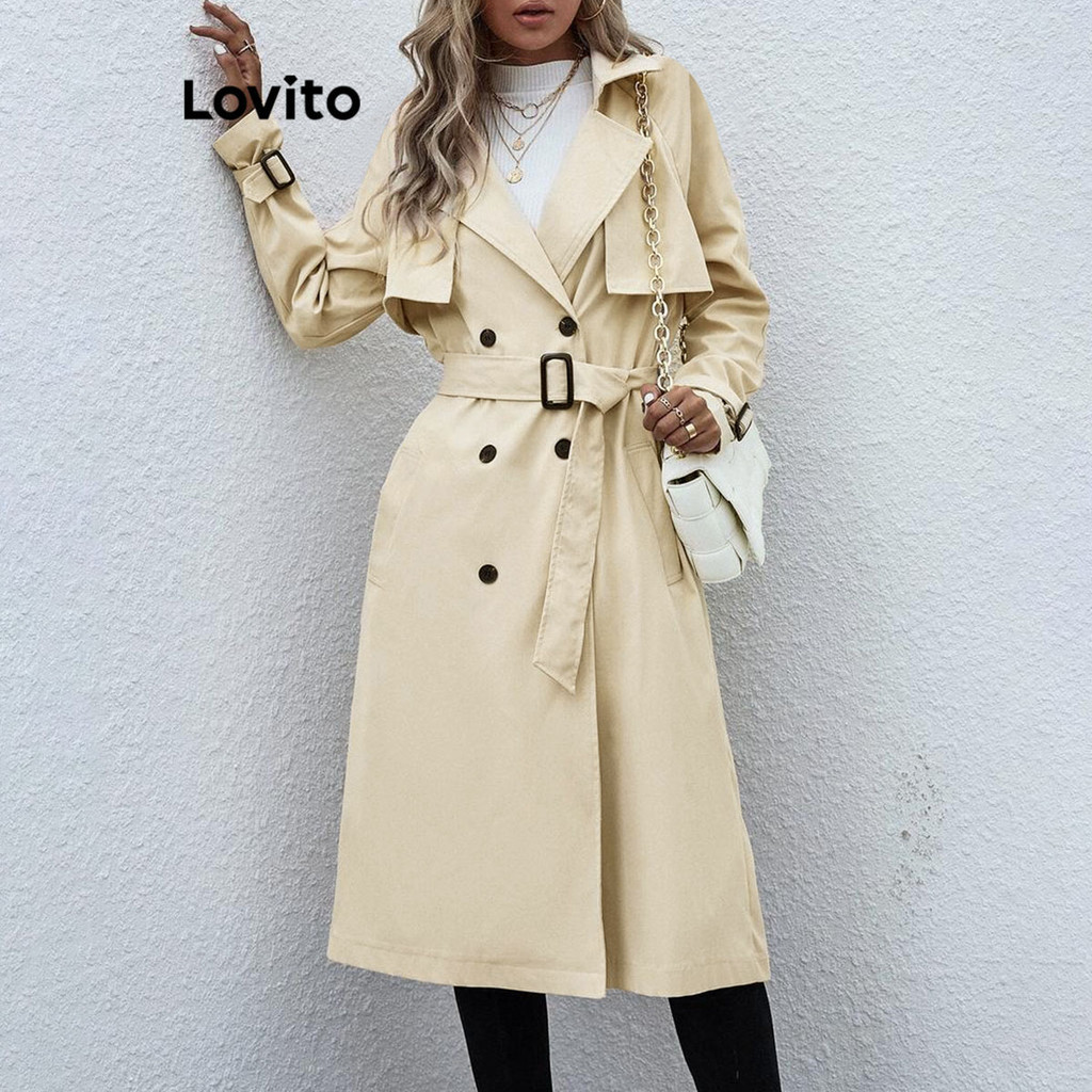 Lovito เสื้อโค้ทผู้หญิง กระดุมด้านหน้า สีพื้น สไตล์ลำลอง LNL65140