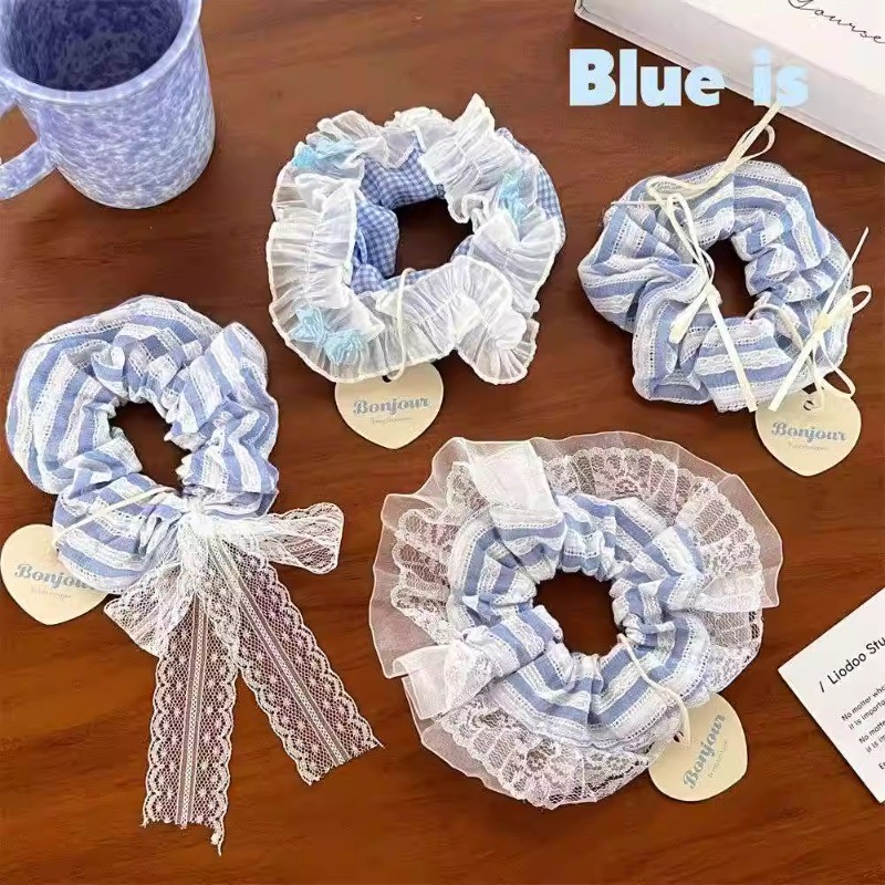 แฟชั่น Blue Strip Lace Bowknot Hair Ties ยางรัดหัวเชือก Scrunchies
