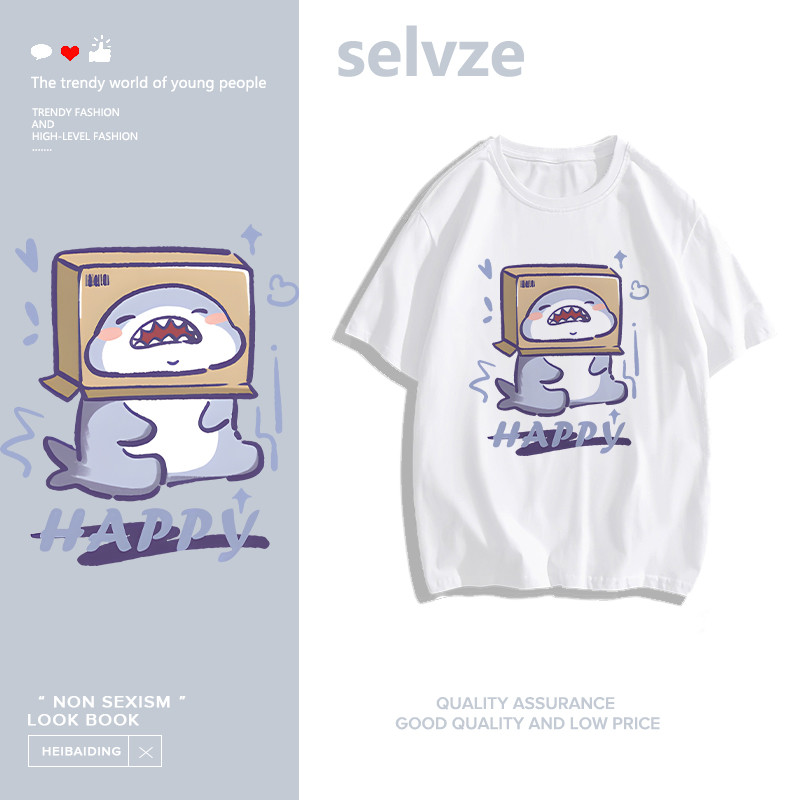 SELVZE（จัดส่งตลอด 24 ชั่วโมง） Printed T-shirt，ฉลามน่ารักพิมพ์เสื้อยืดแขนสั้นหลวม I000478