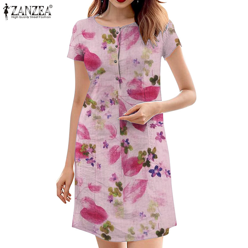 ZANZEA ซานเซีย ผู้หญิงวินเทจอารมณ์พิมพ์ลูกเรือคอแขนสั้นชุดหลวมดอกไม้
