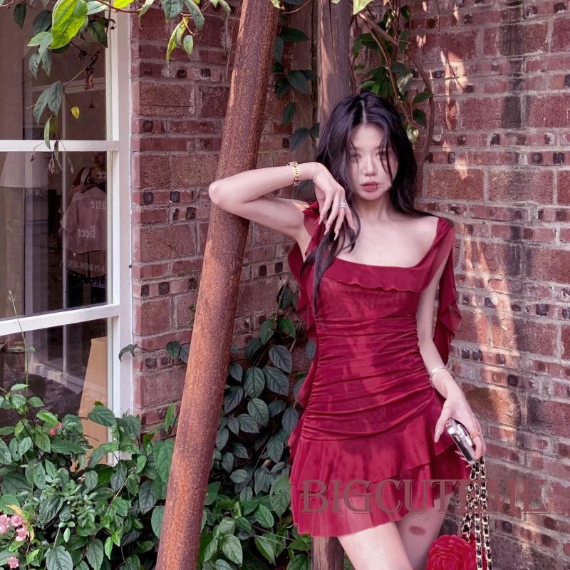 []-ผู้หญิงไม่สมมาตรตาข่ายแขนกุดชุดลําลองฤดูร้อนสีทึบ ยักไหล่ รัฟเฟิล ชุดปาร์ตี้มินิ