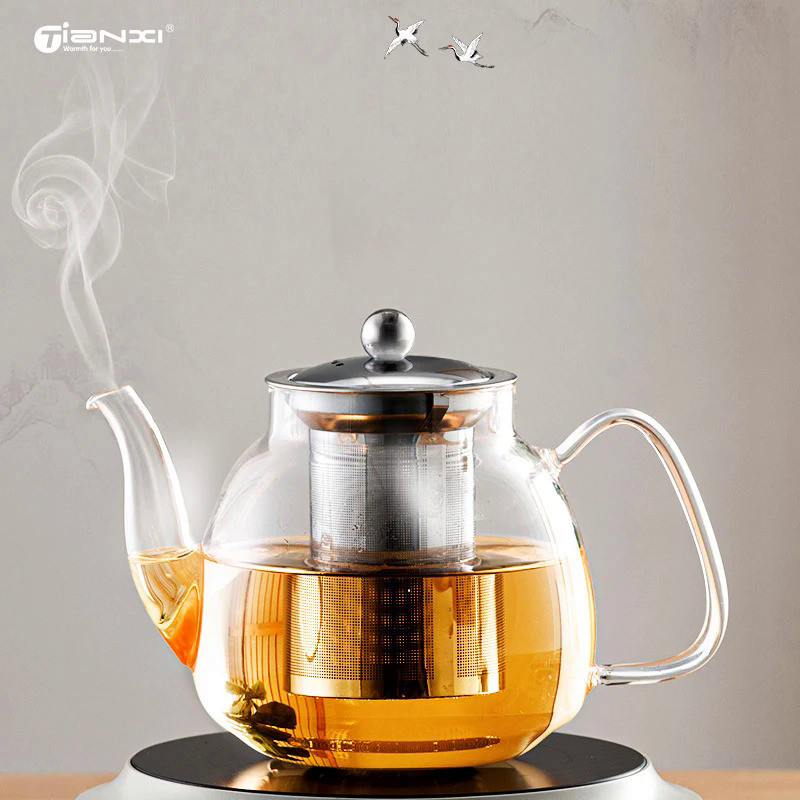GIANXI 600ml/1000ml Pyrex Tea Pot Chinese Kung Fu Tea Set Stainless Steel Filter Tea Pot Coffee Pot 