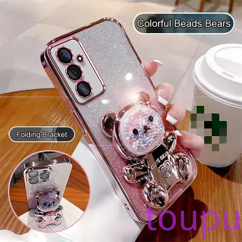 SAMSUNG เคสโทรศัพท์สําหรับsamsung A14 4G A14 5G A24 4G A34 5G A54 5Gแฟชั่นGlitter Electroplatingโปร่งใสกรณีเชลล์บรรเทาความเครียดที่มีสีสันลูกปัดหมีวงเล็บพับ