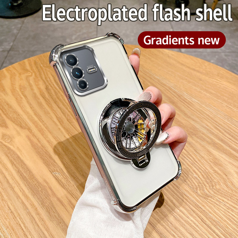 สําหรับ Vivo V23 5G กรณีกันกระแทก Electroplated TPU หมุน Gyro Stand ฝาหลังเคสโทรศัพท์สําหรับ VivoV23 5G กรณี