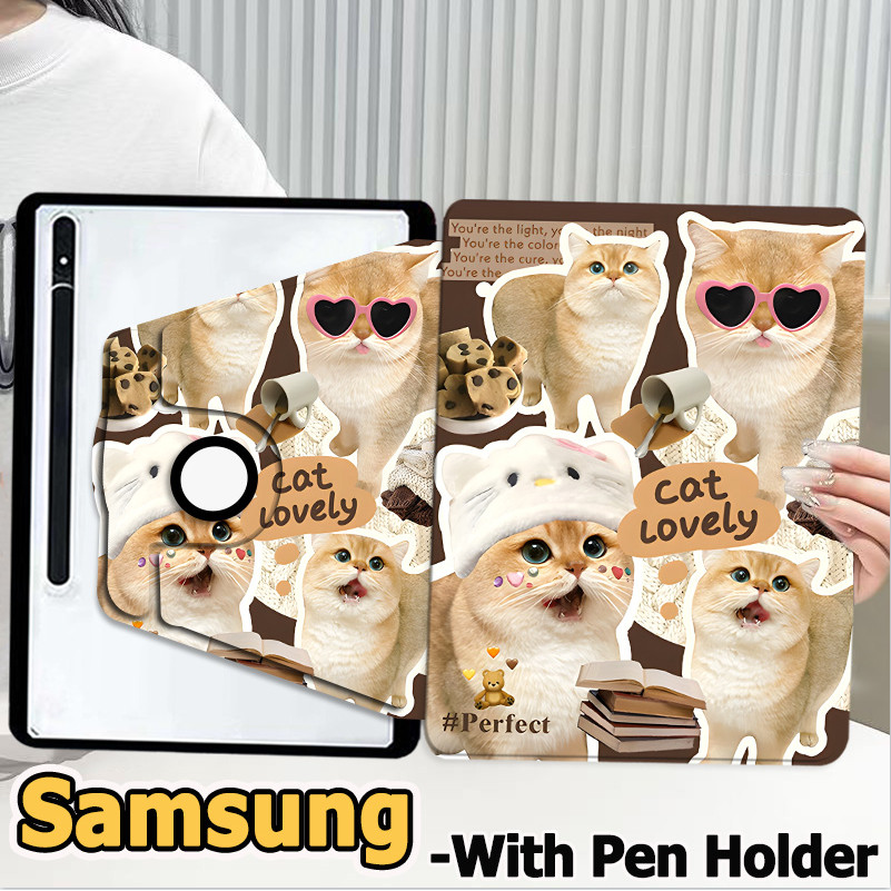 เคสฝาพับ ซัมซุง Tab case S6 lite S7 S8 S9 S10+ S7FE S9FE S9FE+ A8 A9 A9+ เคสฝาพับ Samsung Galaxy Tab S8+ S9+ S7+ A7 lite 360°หมุนตั้ง/นอนได้ เคส Galaxy /Cute kitten Samsung case