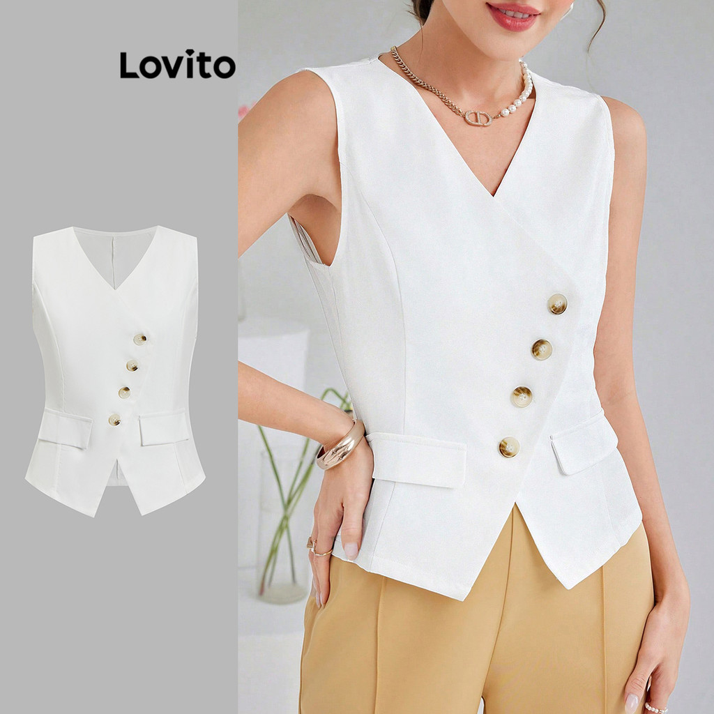 Lovito เสื้อกล้ามกระเป๋าปลอมแบบอสมมาตรสำหรับผู้หญิง L105MD689