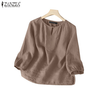 Zanzea ผู้หญิงเกาหลีลําลองรอบคอจีบแขนโคมไฟแยกชายเสื้อ