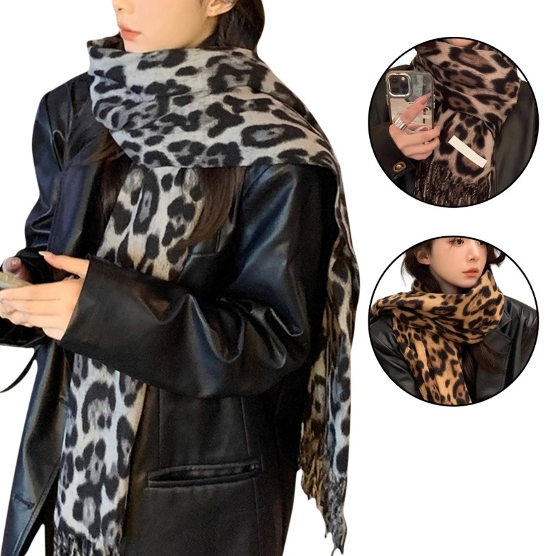 Whi Classical Leopard Print Poncho Shawl Wrap Tassels Elegant Outfit ผ้าห่มอุ่น