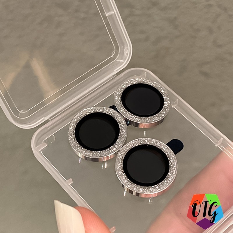 แหวนโลหะ ป้องกันเลนส์กล้อง for iPhone 11 15 14 12 13 Pro Max 16 pro 14 plus เลนส์ฟิล์ม ประดับกลิตเตอร์ พร้อมกระจกนิรภัย