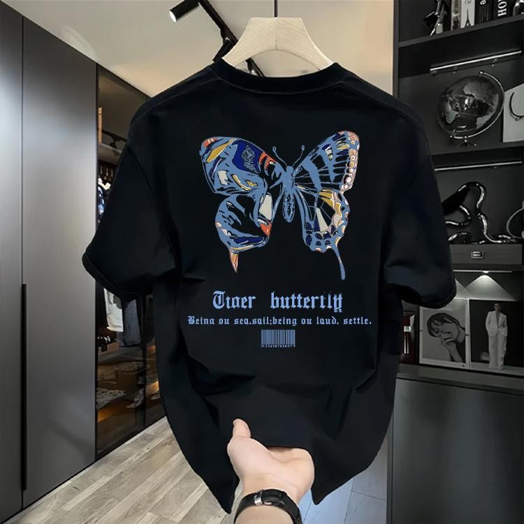 พร้อมส่ง เสื้อยืดโอเวอร์ไซส์ ไม่จำกัดเพศ คอกลม ไม่มีริ้วรอย พิมพ์ "ผีเสื้อ" คุณภาพสูง เสื้อสไตล์เกาหลี