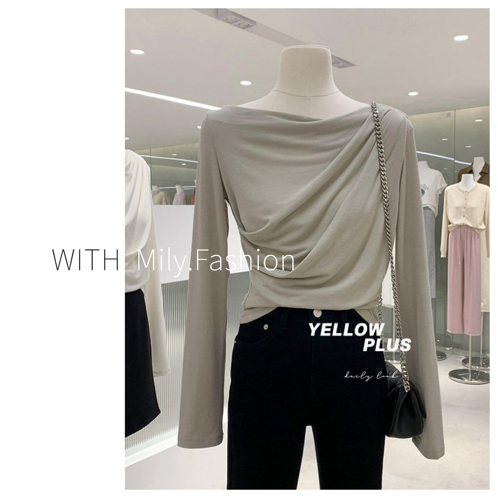 Milyfashion เสื้อยืดแขนยาวดีไซน์คอจีบผู้หญิงเข้ารูปใส่แล้วดูผอมสำหรับฤดูใบไม้ร่วง