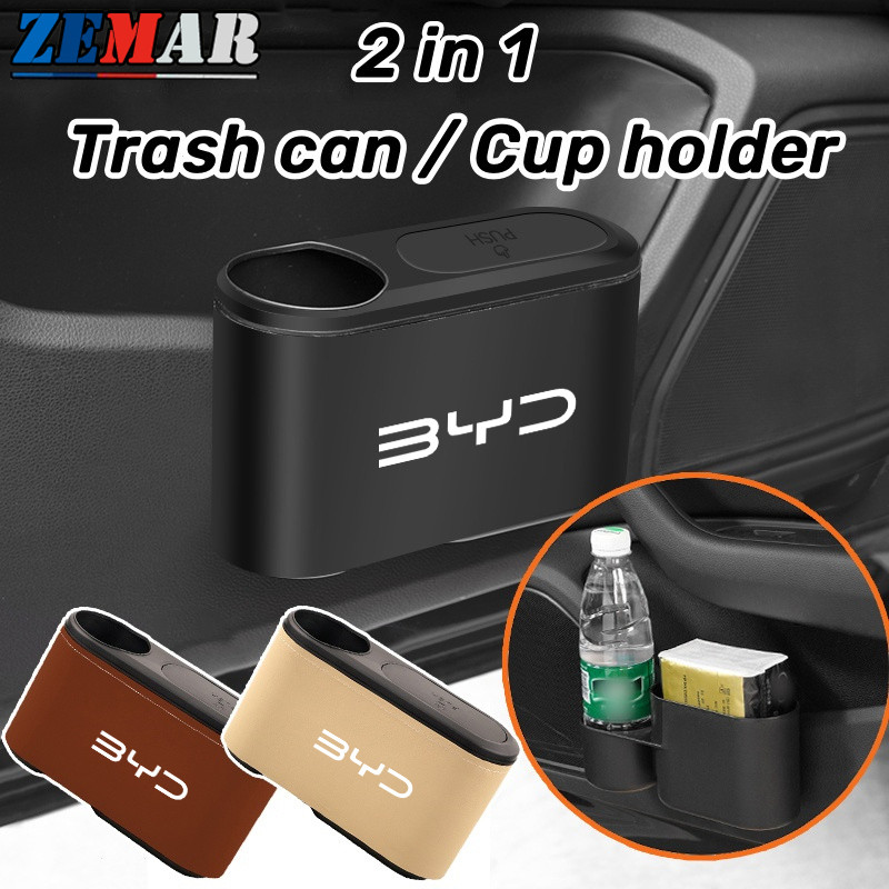 2 IN 1 BYD ถังขยะในรถ ถังขยะรถยนต์พร้อมที่วางแก้ว ถังขยะฝาปิดแบบกด ถอดออกได้ อุปกรณ์ตกแต่งภายในรถยนต์ BYD Atto 3 หยวน Plus เพลง Plus Dolphin Mini Seal U Han EV