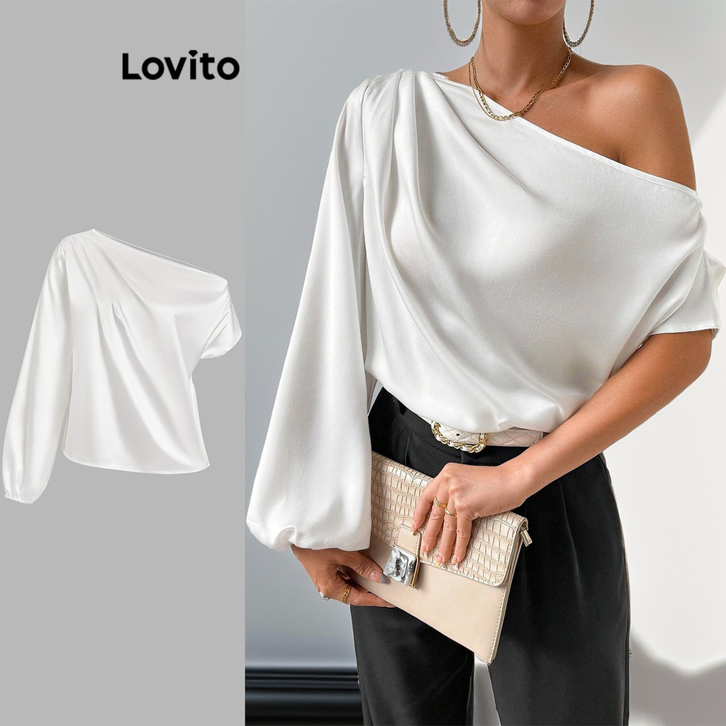 Lovito เสื้อเบลาส์ไม่สมมาตรเรียบหรูสำหรับผู้หญิง L95ED836
