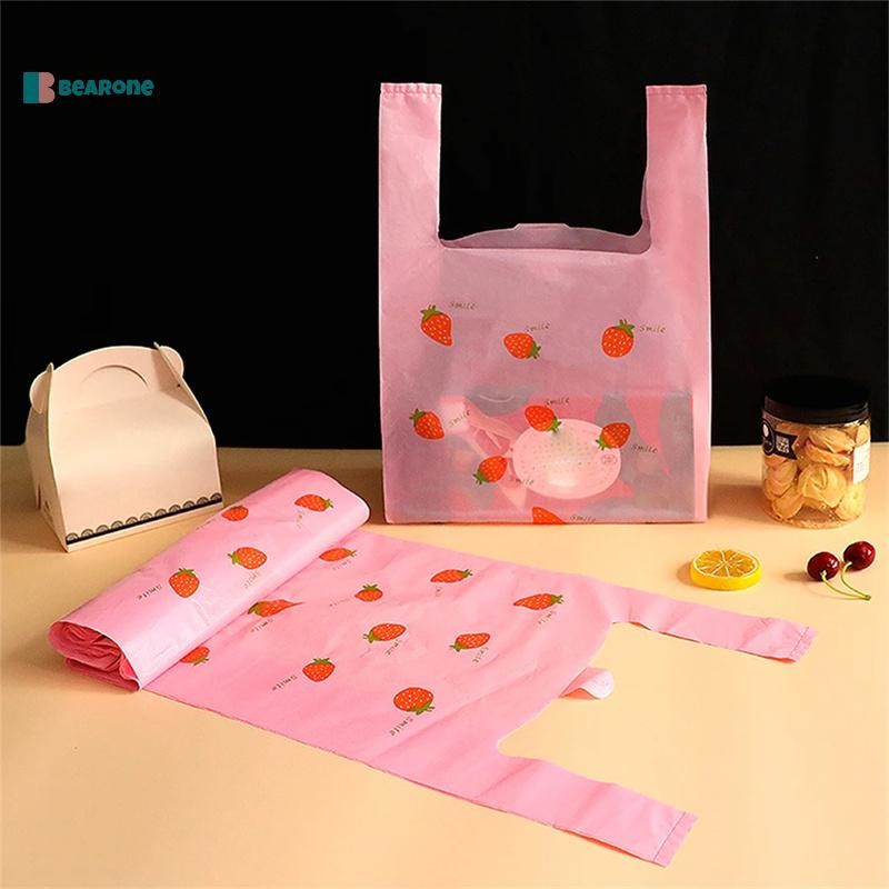 <bearone> 50 ชิ้น Hand-Carry Shopping ถุงบรรจุภัณฑ์ร้านขายของชําซูเปอร์มาร์เก็ต Tote Bag น่ารักสีชมพูสตรอเบอร์รี่ถุงบรรจุภัณฑ์พลาสติก Nice