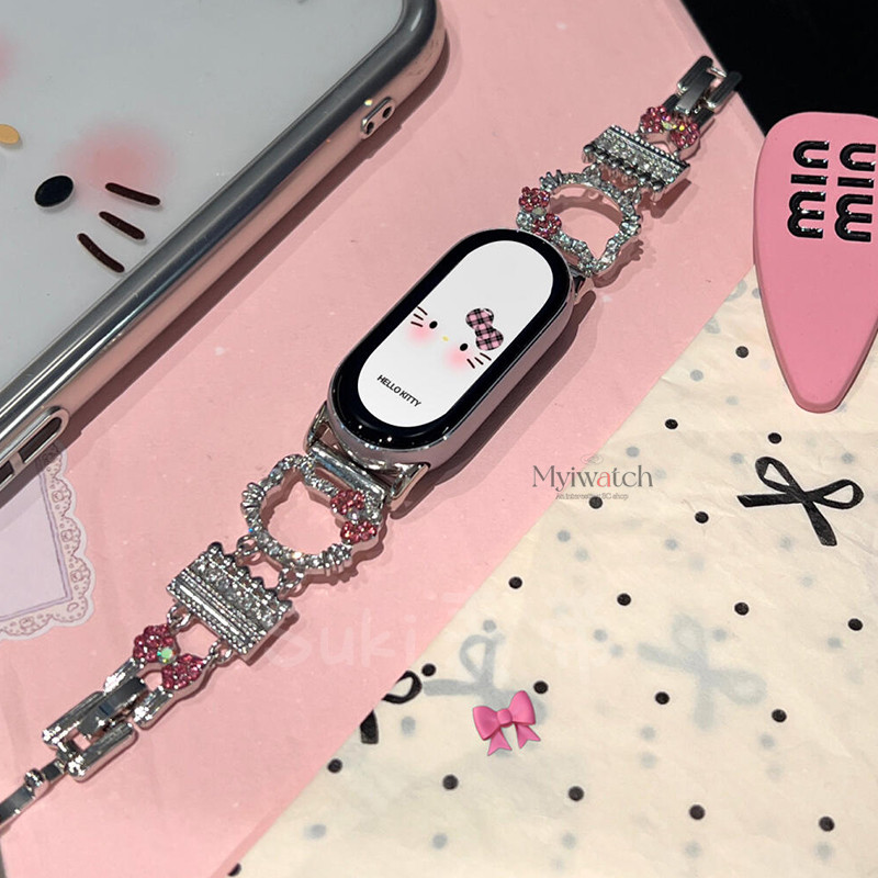 Chic การ์ตูน KT เพชรสายโลหะสําหรับ Xiaomi NFC Mi 10 9 8 Pro 7 6 5 4 3 หรูหราบางออกแบบ Telescopic Chain Band สําหรับ Redmi นาฬิกา 5 4 HW Fit 3 4 Pro แฟชั่นผู้หญิงสายรัดข้อมือ