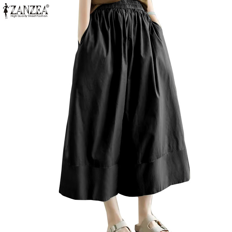 ZANZEA ใส่ ซานเซีย ผู้หญิงเกาหลีลําลองข้อเท้าความยาวสีธรรมดากระเป๋าด้านข้างกางเกงเอวยางยืด