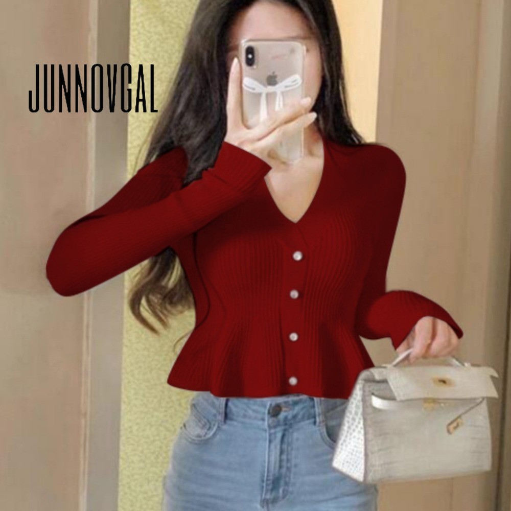 Junnovgal เสื้อคาร์ดิแกนผู้หญิง V คอถัก Casual 2024 Slim Fit แขนยาว
