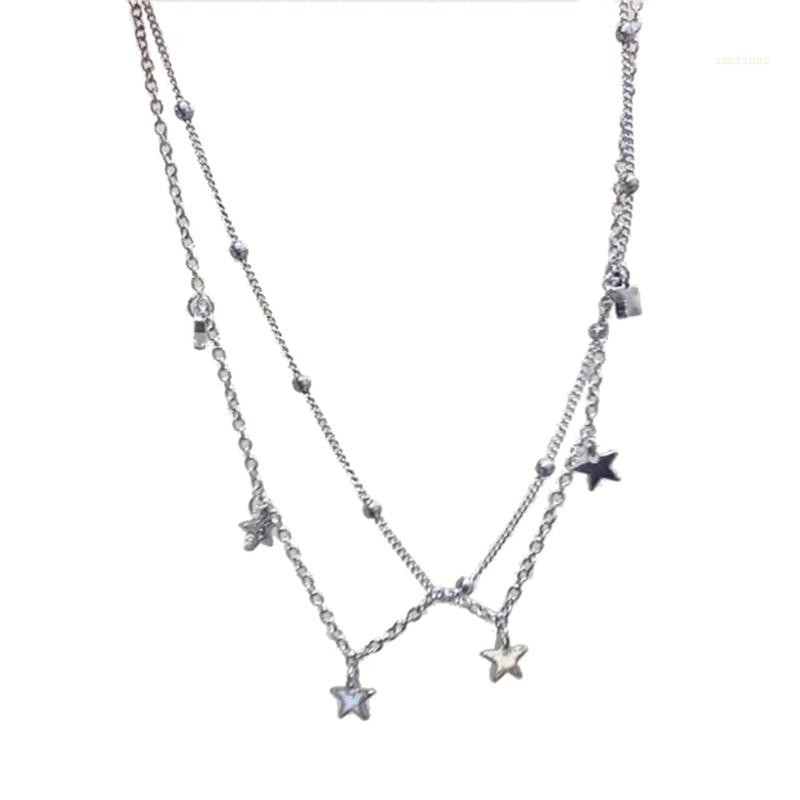 San * Double Layer Star Beaded Chain สร้อยคอ Elegant Alloy วัสดุ Neckwear Star จี้ Choker เหมาะสําหรับ Party Dail