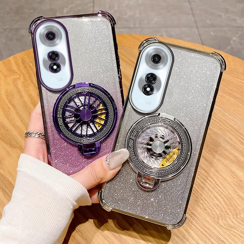 ปลอกสําหรับoppo A3X 5G 4G A60 4G A1 A2 A79 A98 F23 5Gหรูหราสี่มุมAnti Drop Circular Turntable Stand Bracket Glitterผงฝาครอบป้องกัน