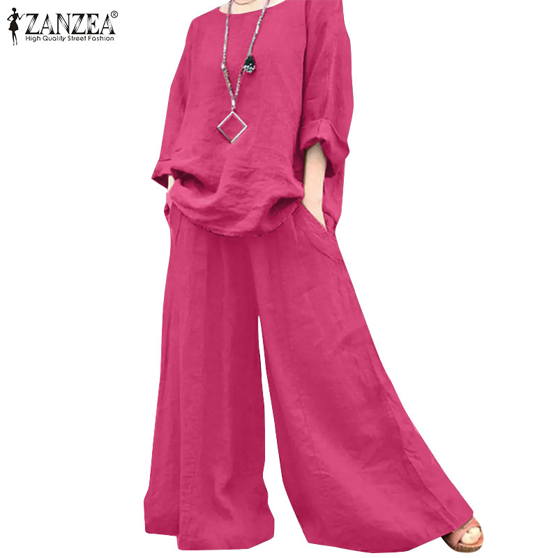 Zanzea เสื้อเชิ้ตแขนยาวคอกลมแขนยาวข้อเท้าเกาหลีสําหรับผู้หญิงและกางเกงขายาว