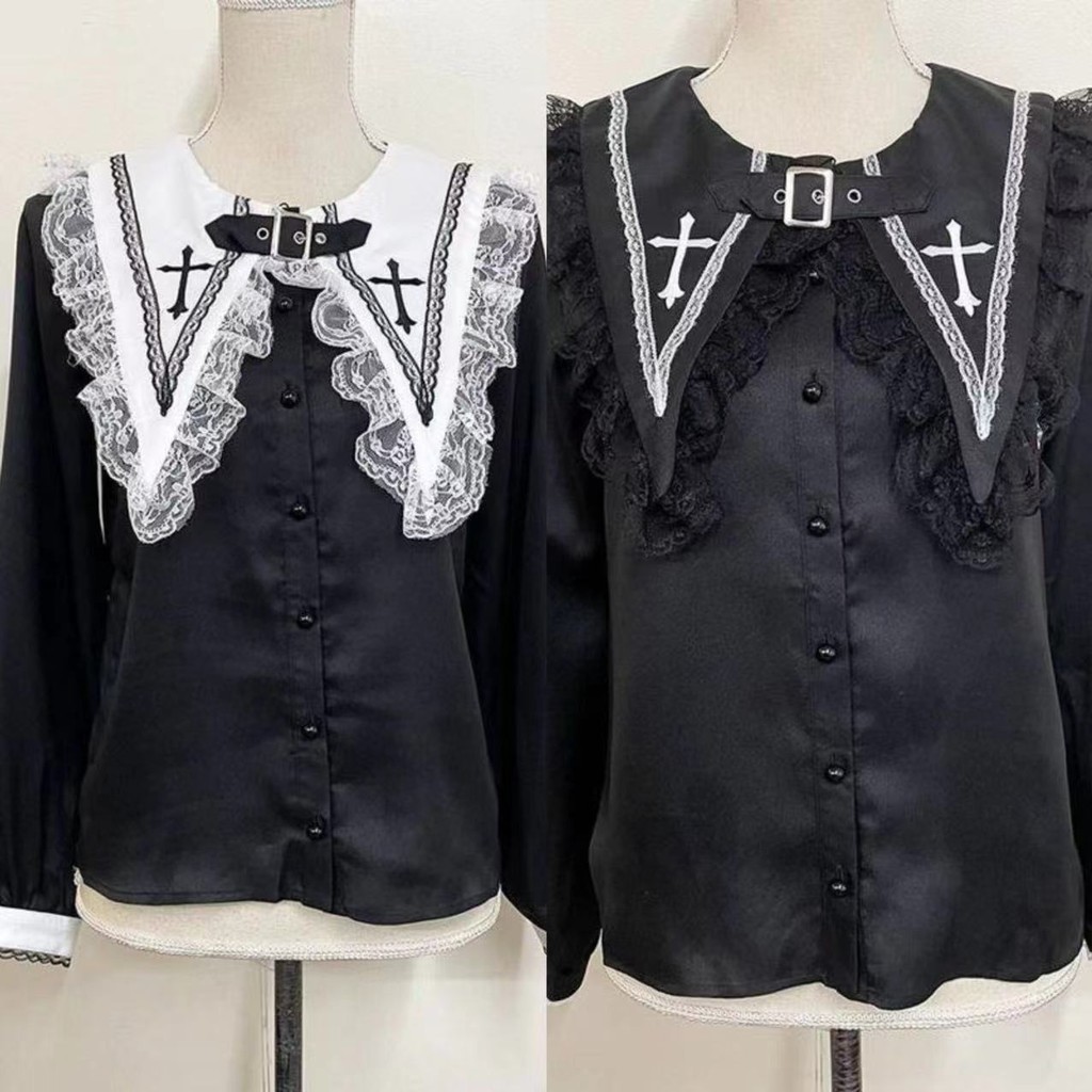 Lolita ภายในเสื้อใหม่ Cross แขนยาว Navy Collar เสื้อลูกไม้ Landmine สไตล์ Jirai Kei