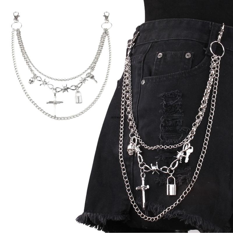Mg กางเกงโซ่สําหรับ Dancers Punk Eboy Harajuku กางเกงยีนส์ด้านข้าง Punk Chain