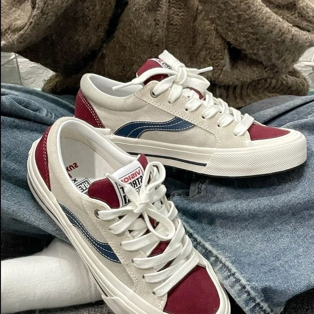 Clearance Sale VISION Street Wear x ODD cirkus listed P Burgundy Color blocking LOW TOP Suede ผ้าใบร