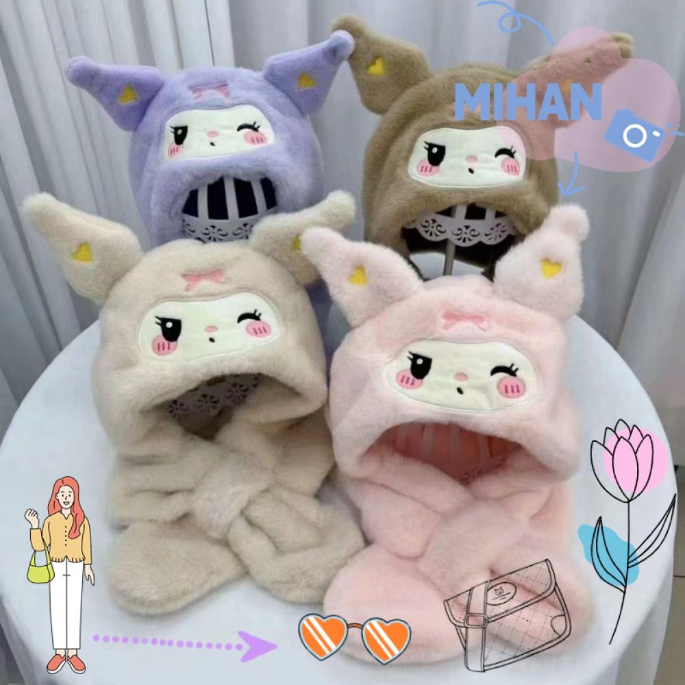Mh ผ้าพันคอตุ๊กตา,หมวกผ้ากํามะหยี่ Sanrio Kuromi อะนิเมะนุ่ม,หมวกฤดูหนาวที่ทนทานที่อบอุ่นกันลมน่ารักสําหรับเด็ก