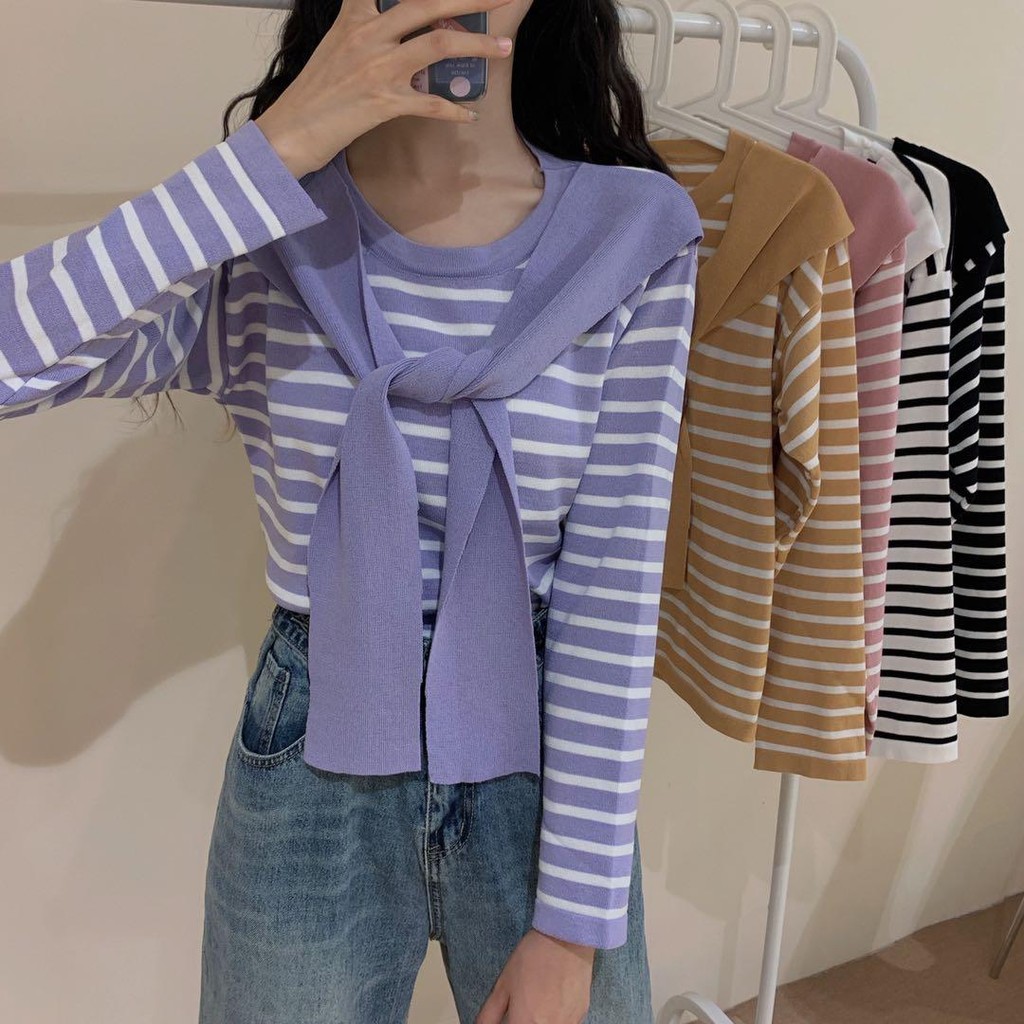 KOKO#ใหม่สไตล์เกาหลีปลอมสองชิ้นลายผ้าคลุมไหล่เสื้อสเวตเตอร์ผูกเชือกแขนยาวบางอเนกประสงค์และหลวม #9391-1