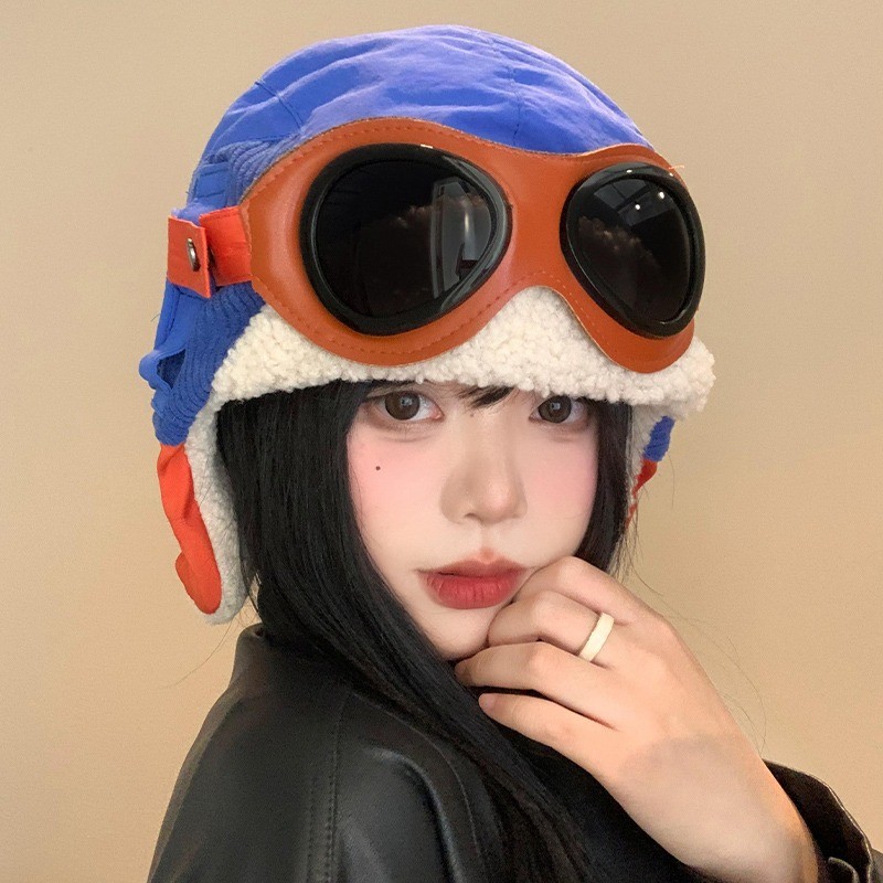 ย้อนยุค ผ้าลูกฟูก นักบิน หมวกผู้ชายผู้หญิงขนแกะที่อบอุ่นป้องกันหูหมวกนักเรียนแว่นตาที่ถอดออกได้หมวก